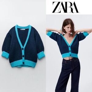NWT ZARA women cardigan button down sweater top jacket size S, blue